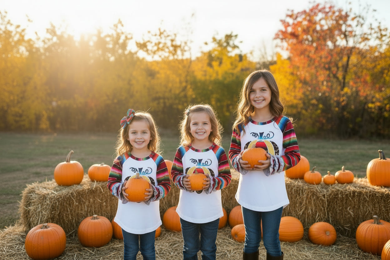 Girls Fall Pumpkin Shirt: Serape Cheetah Print Ruffle Sleeve Top