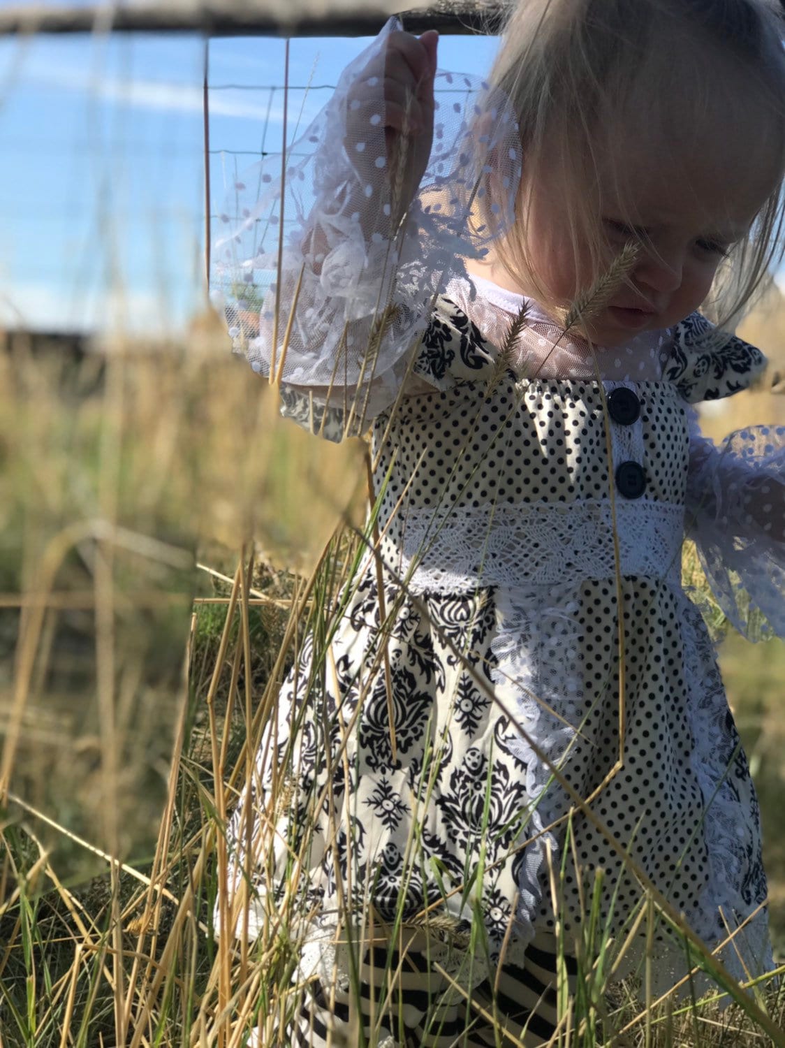 Girls Black and White Lace Outfit: Ruffle Top, Tunic & Striped Pants