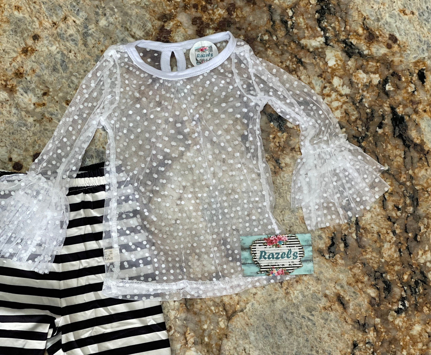 Girls Black and White Lace Outfit: Ruffle Top, Tunic & Striped Pants
