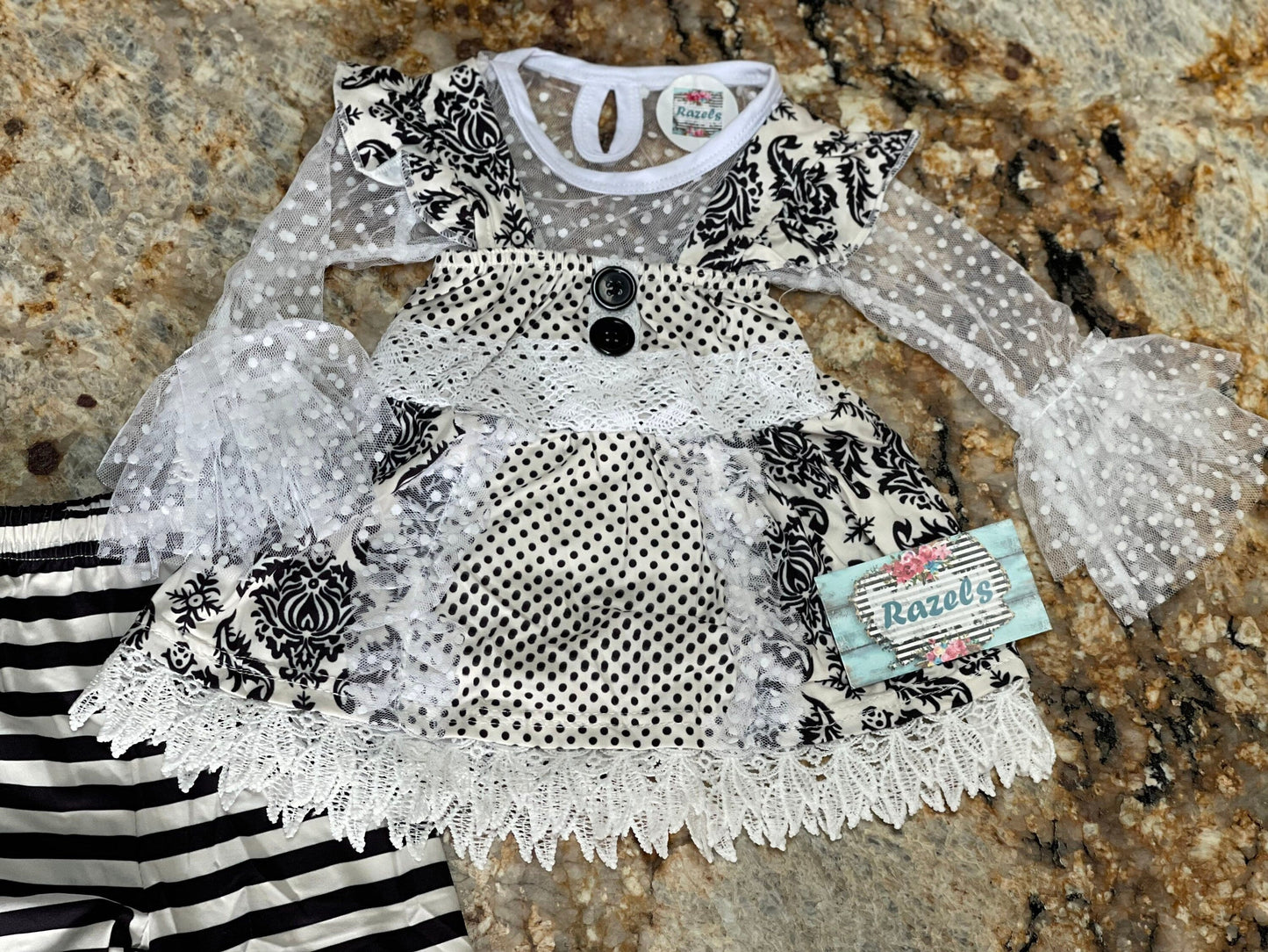 Girls Black and White Lace Outfit: Ruffle Top, Tunic & Striped Pants