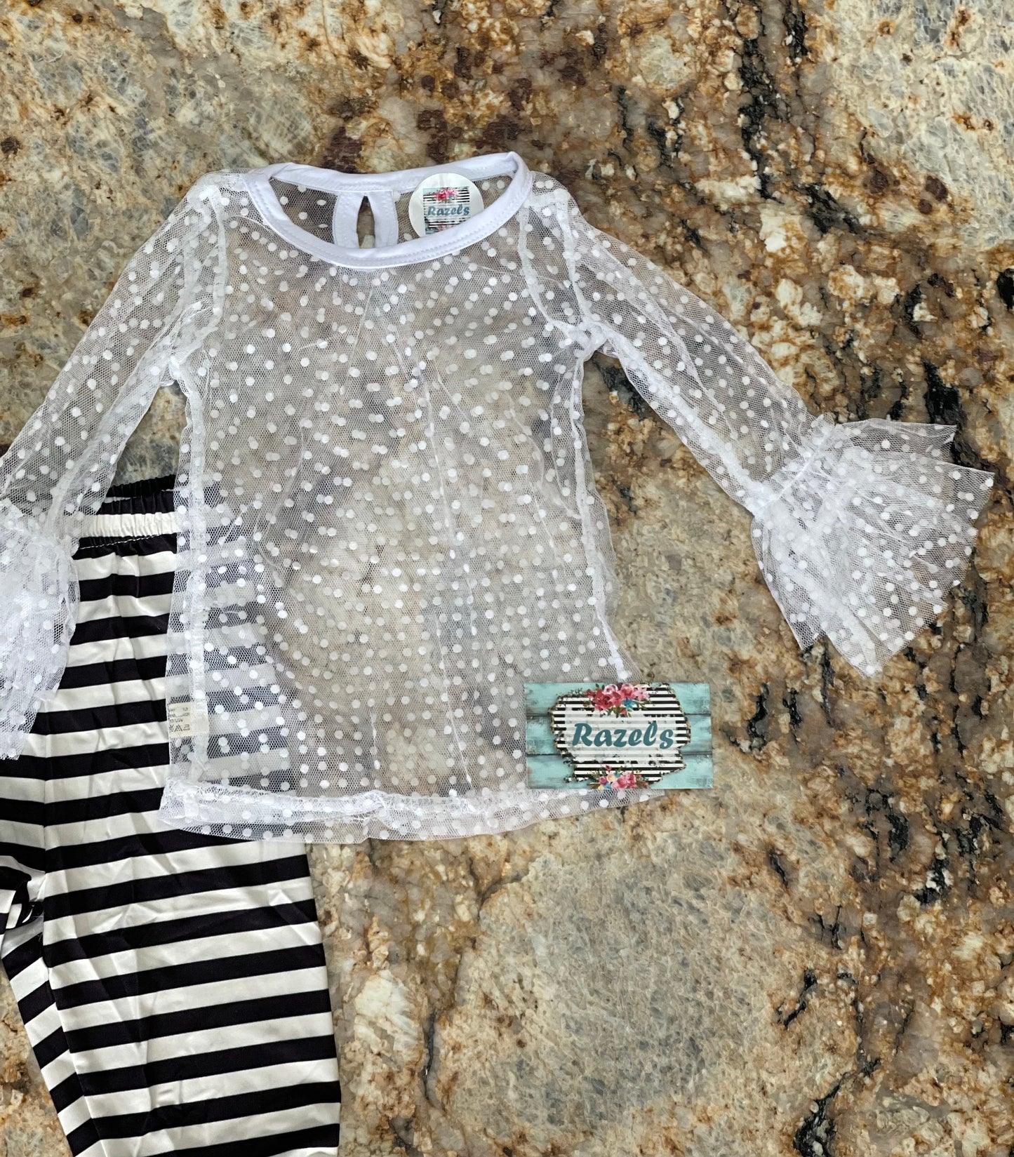 Girls Black and White Lace Outfit: Ruffle Top, Tunic & Striped Pants