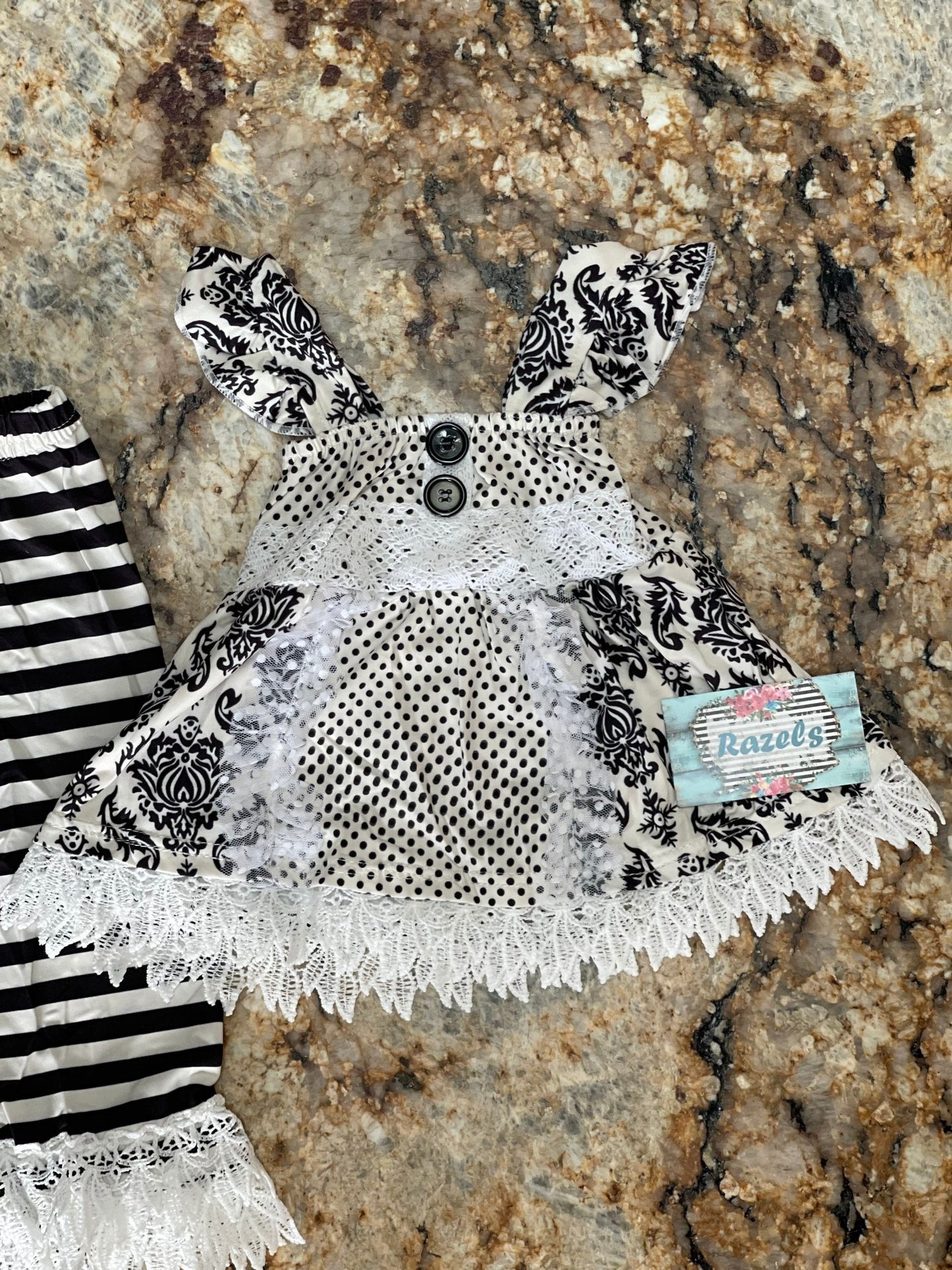 Girls Black and White Lace Outfit: Ruffle Top, Tunic & Striped Pants