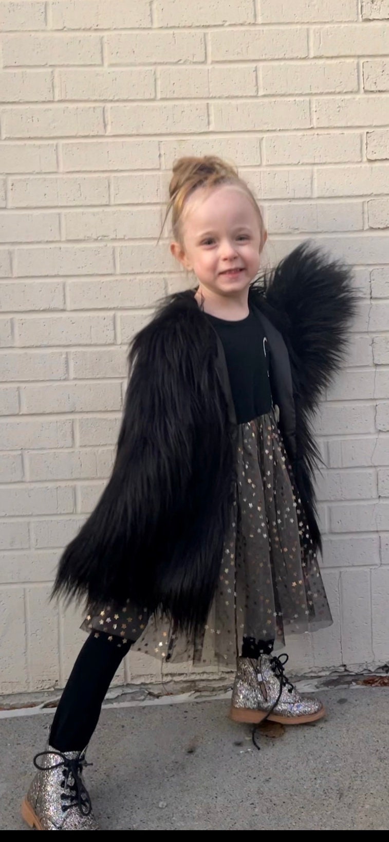 Girls Faux Fur Coat: Shaggy Dress Jacket, Black