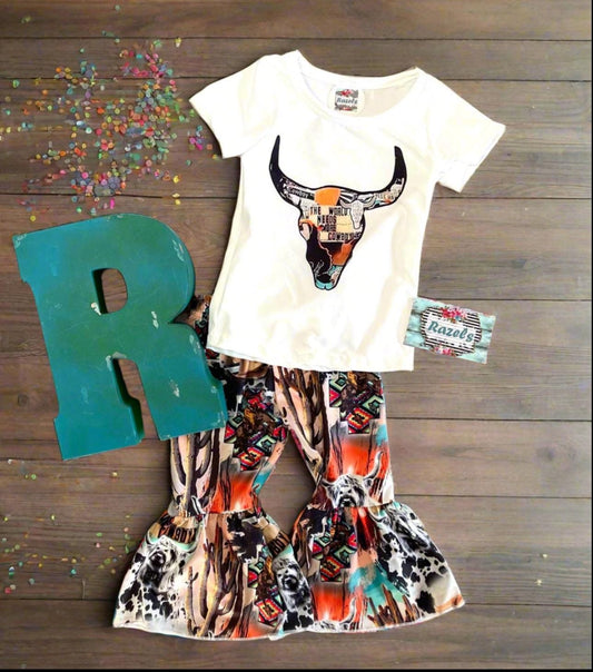 Cowgirl Bell Bottom Outfit: Cow Skull Steerhead Flare Pants