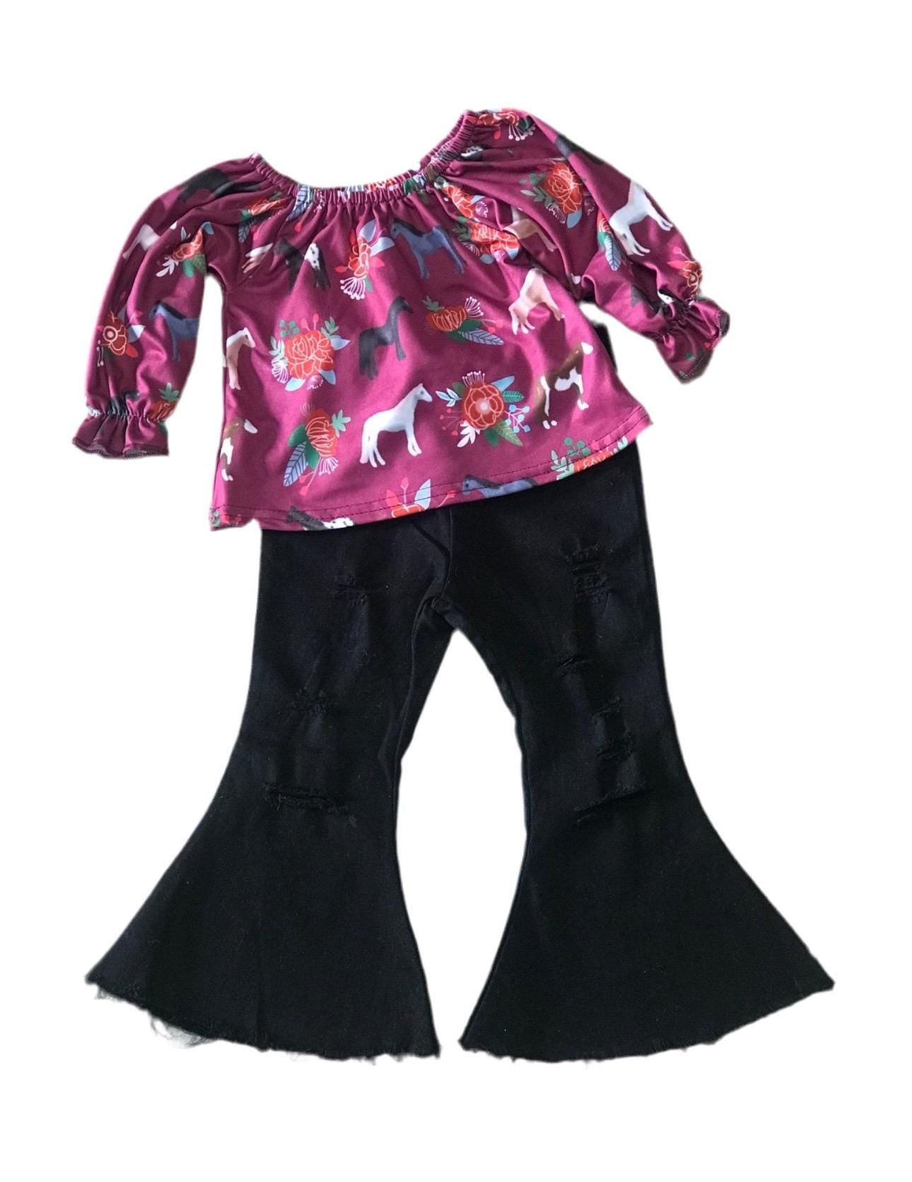 Girls Horse Outfit: Ruffled Blouse & Distressed Black Bell Bottom Jeans