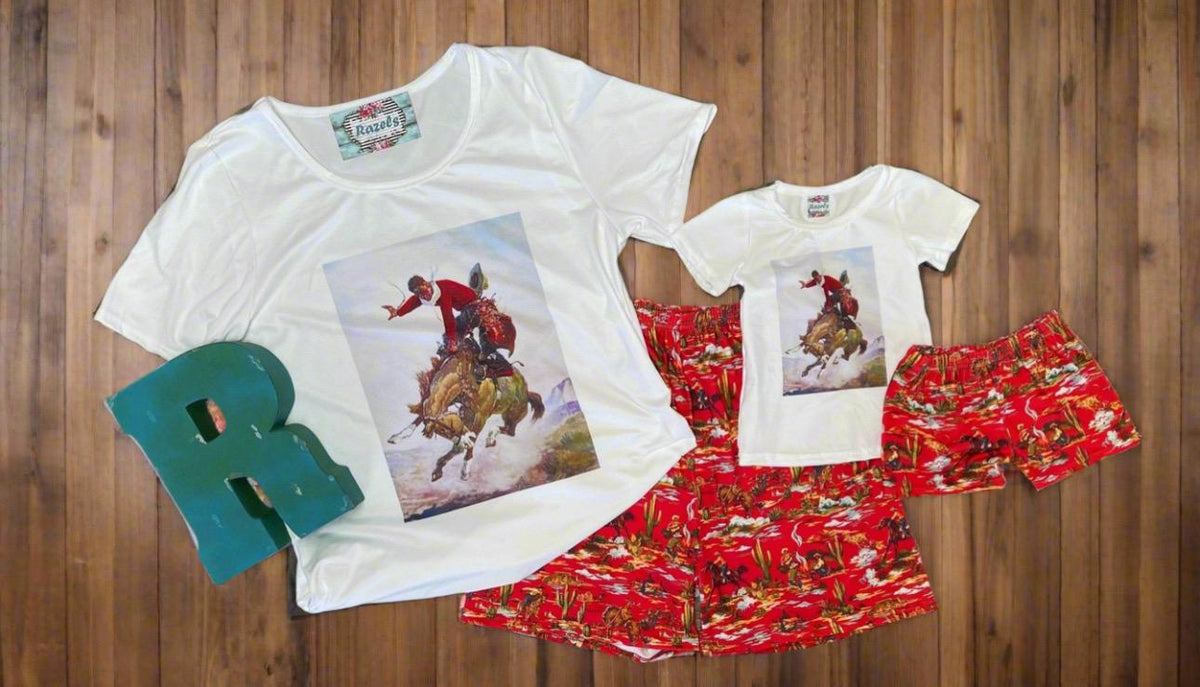 Girls Western Outfit | Cowgirl Short Set | Bronc Rider Tee & Cowboy Print Shorts