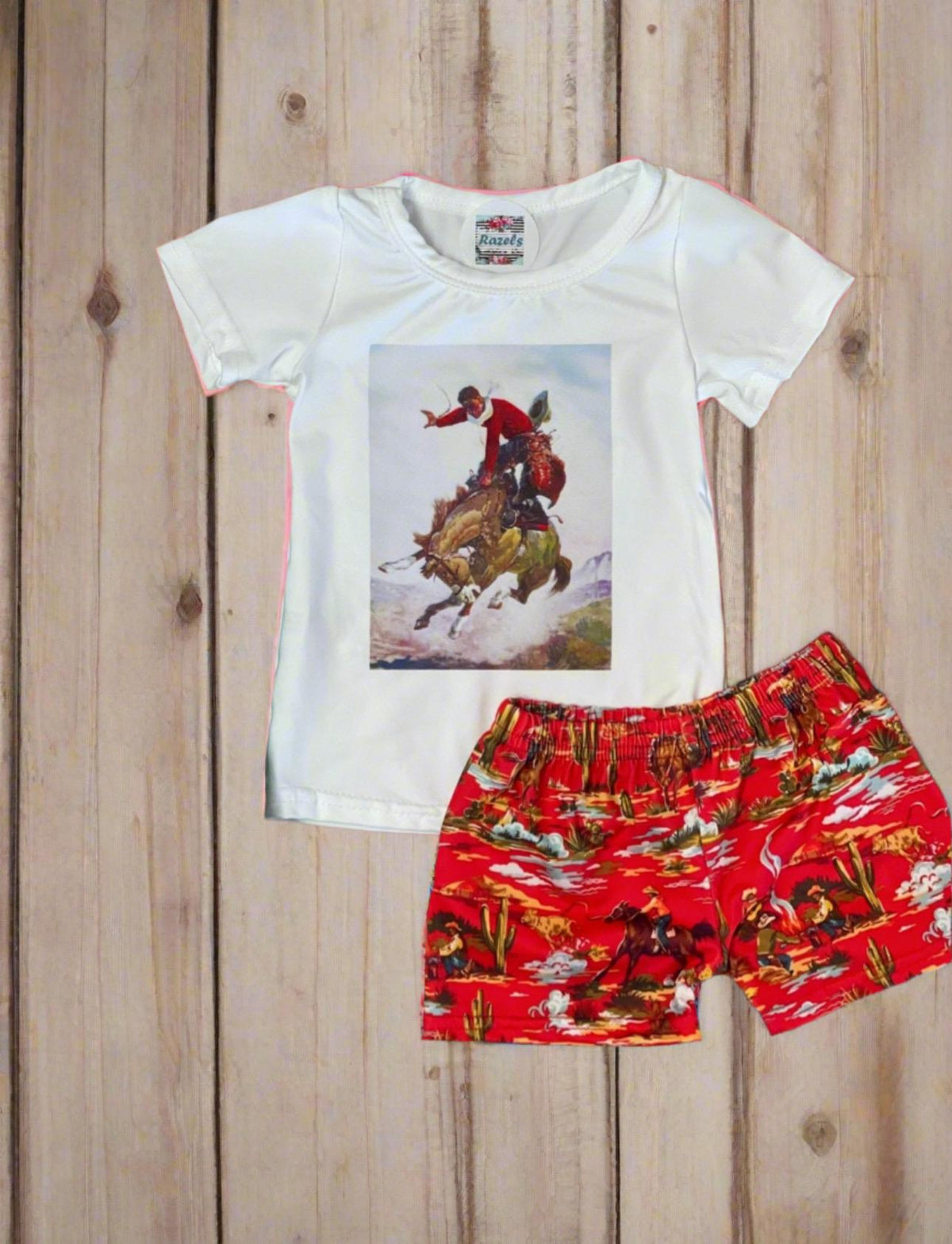 Girls Western Outfit | Cowgirl Short Set | Bronc Rider Tee & Cowboy Print Shorts