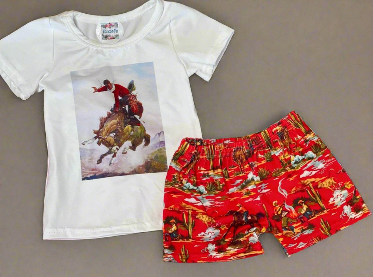 Girls Western Outfit | Cowgirl Short Set | Bronc Rider Tee & Cowboy Print Shorts