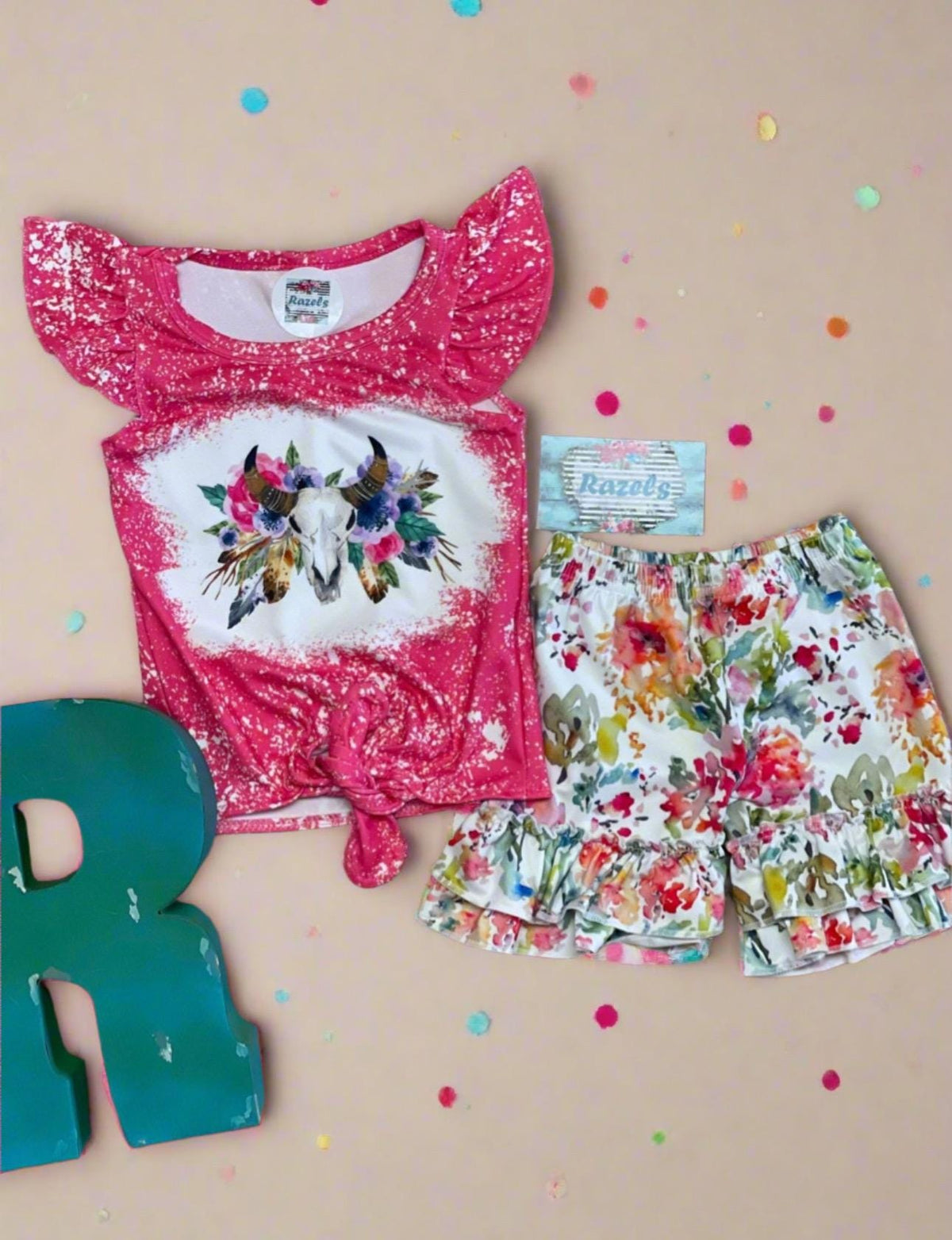 Cowgirl Boho Short Set: Floral Ruffle Shorts & Cow Skull Tee