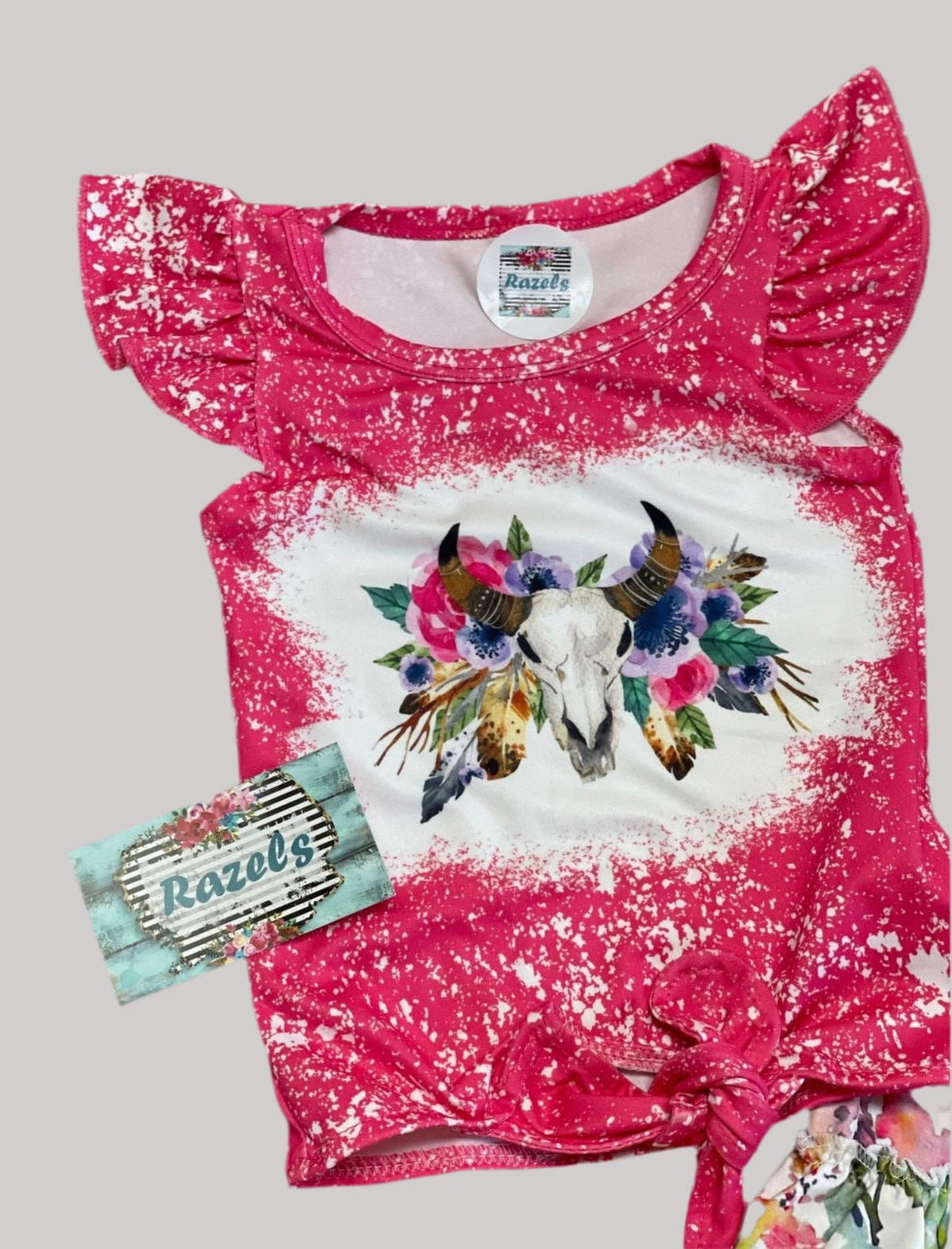 Cowgirl Boho Short Set: Floral Ruffle Shorts & Cow Skull Tee
