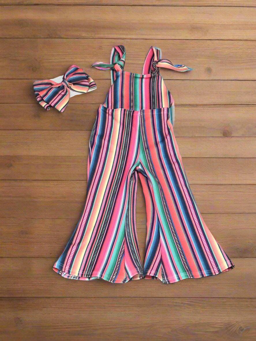 Toddler Girl Blue Jumpsuit: Serape Striped Overalls, Suspender Pants