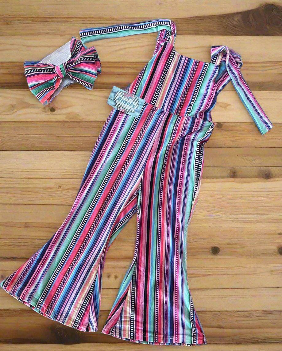 Toddler Girl Blue Jumpsuit: Serape Striped Overalls, Suspender Pants