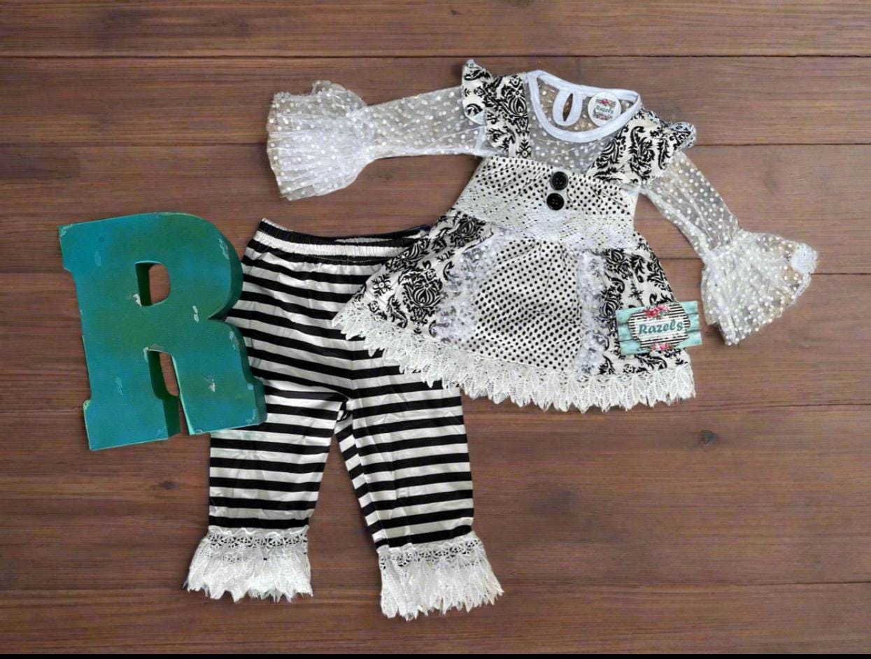 Girls Black and White Lace Outfit: Ruffle Top, Tunic & Striped Pants