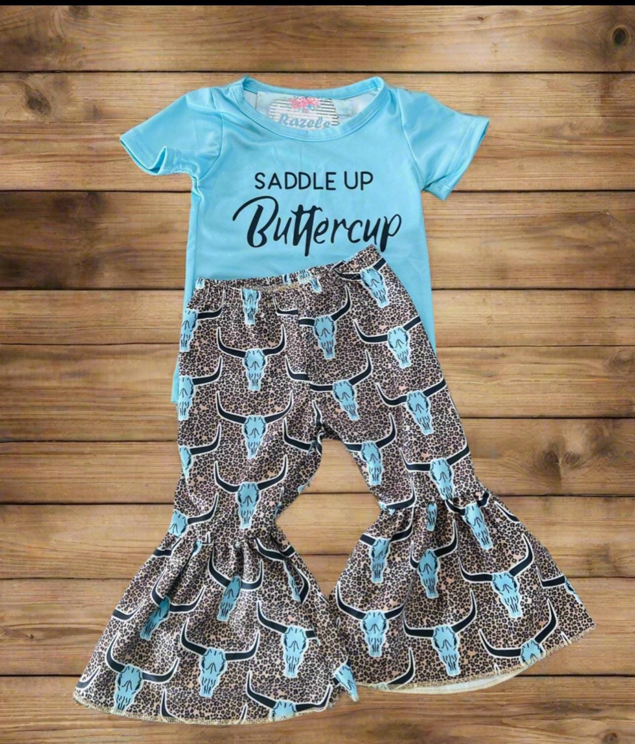 Girls' Western Outfit: Cow Skull Cheetah Bell Bottoms & Turquoise Tee