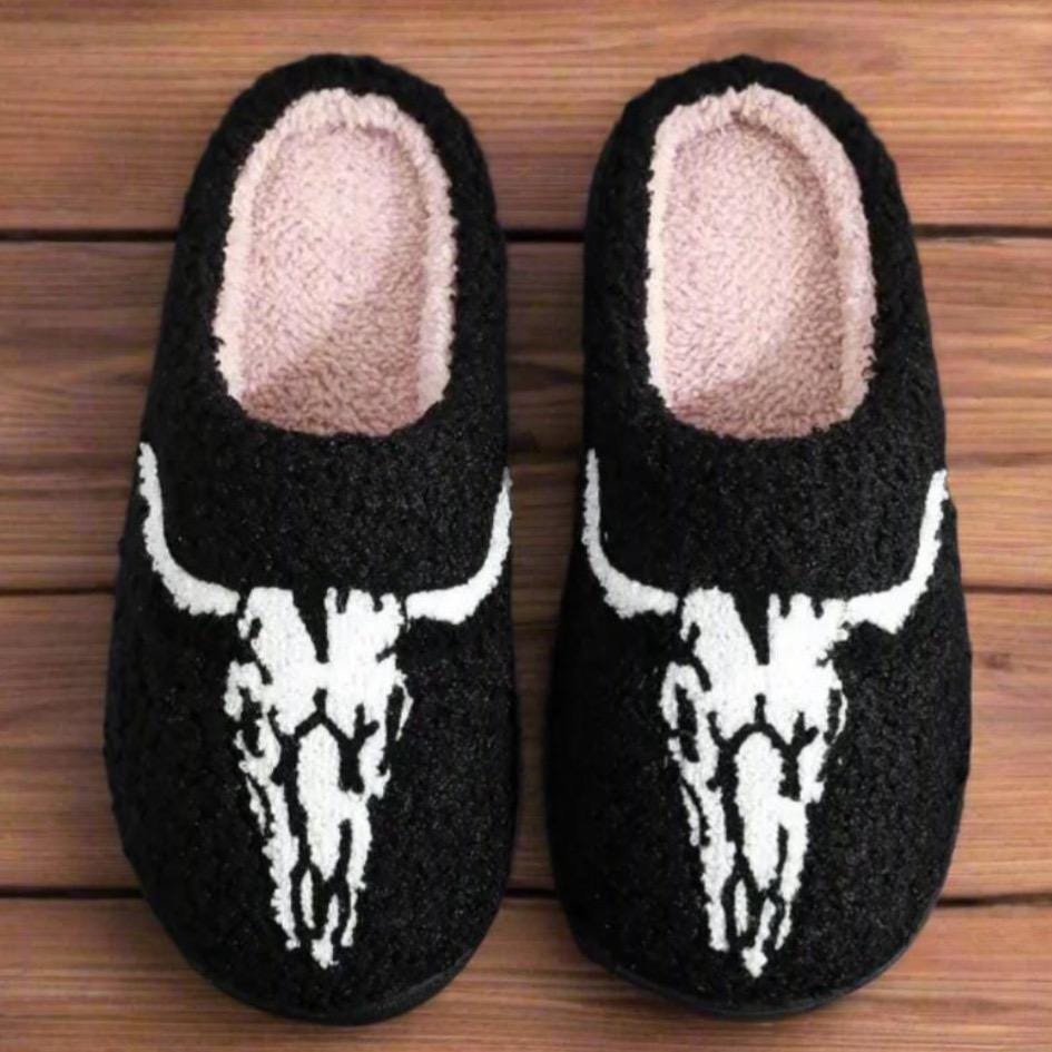 Longhorn Skull Slippers for Women, Western Slippers, Cowgirl House Shoes