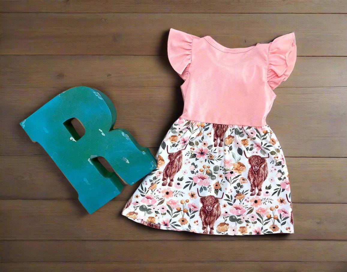 Scottish Highland Cow Dress – Flutter Sleeve Western Boutique Dress for Girls
