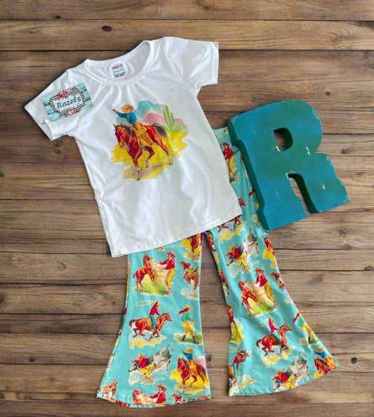Toddler Girls' Cowgirl Outfit: Retro Western Shirt & Bell Bottoms