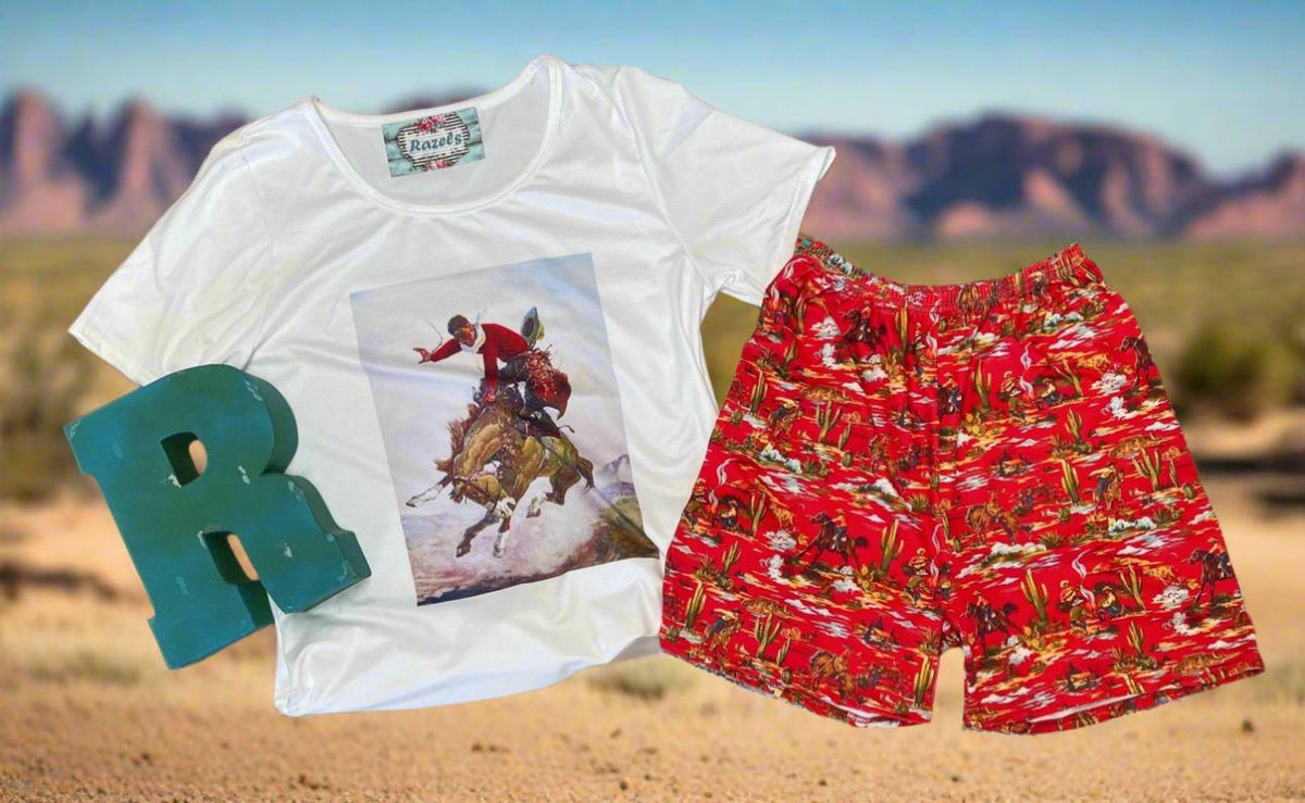 Girls Western Outfit | Cowgirl Short Set | Bronc Rider Tee & Cowboy Print Shorts
