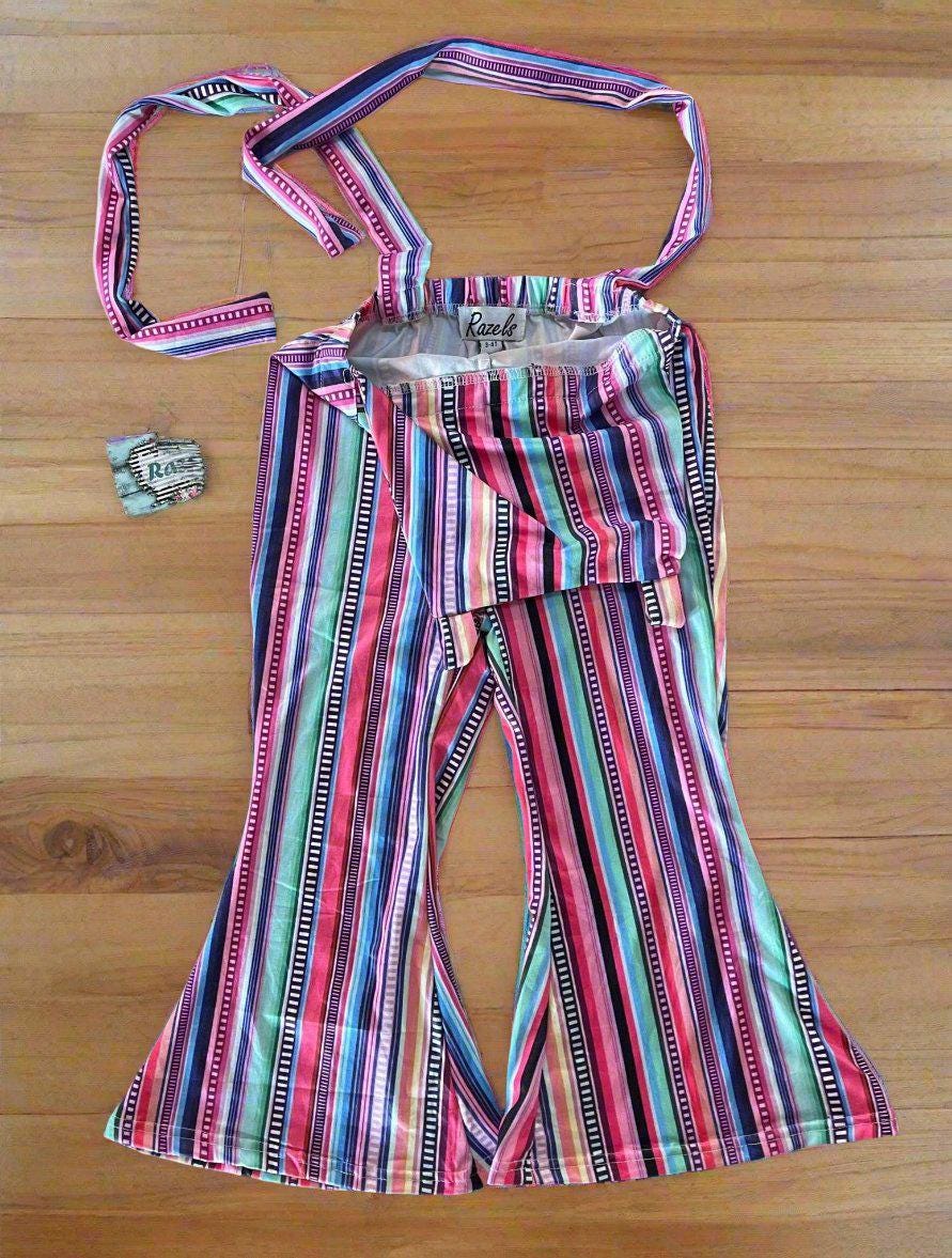 Toddler Girl Blue Jumpsuit: Serape Striped Overalls, Suspender Pants
