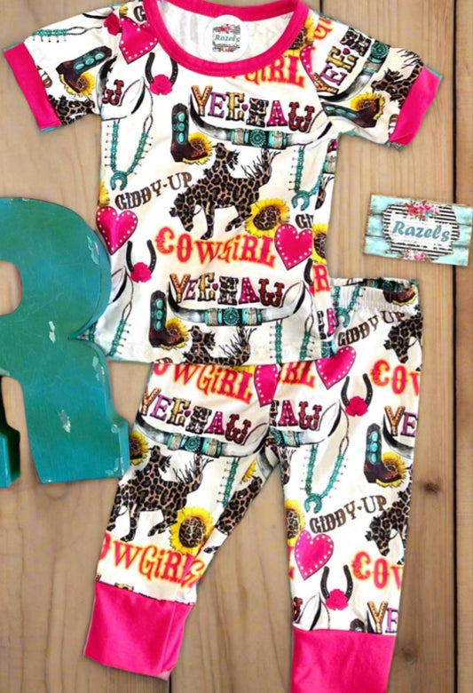 Cowgirl Pajamas / GIDDY UP Yeehaw Pajamas, Pink Hearts and Cowgirls