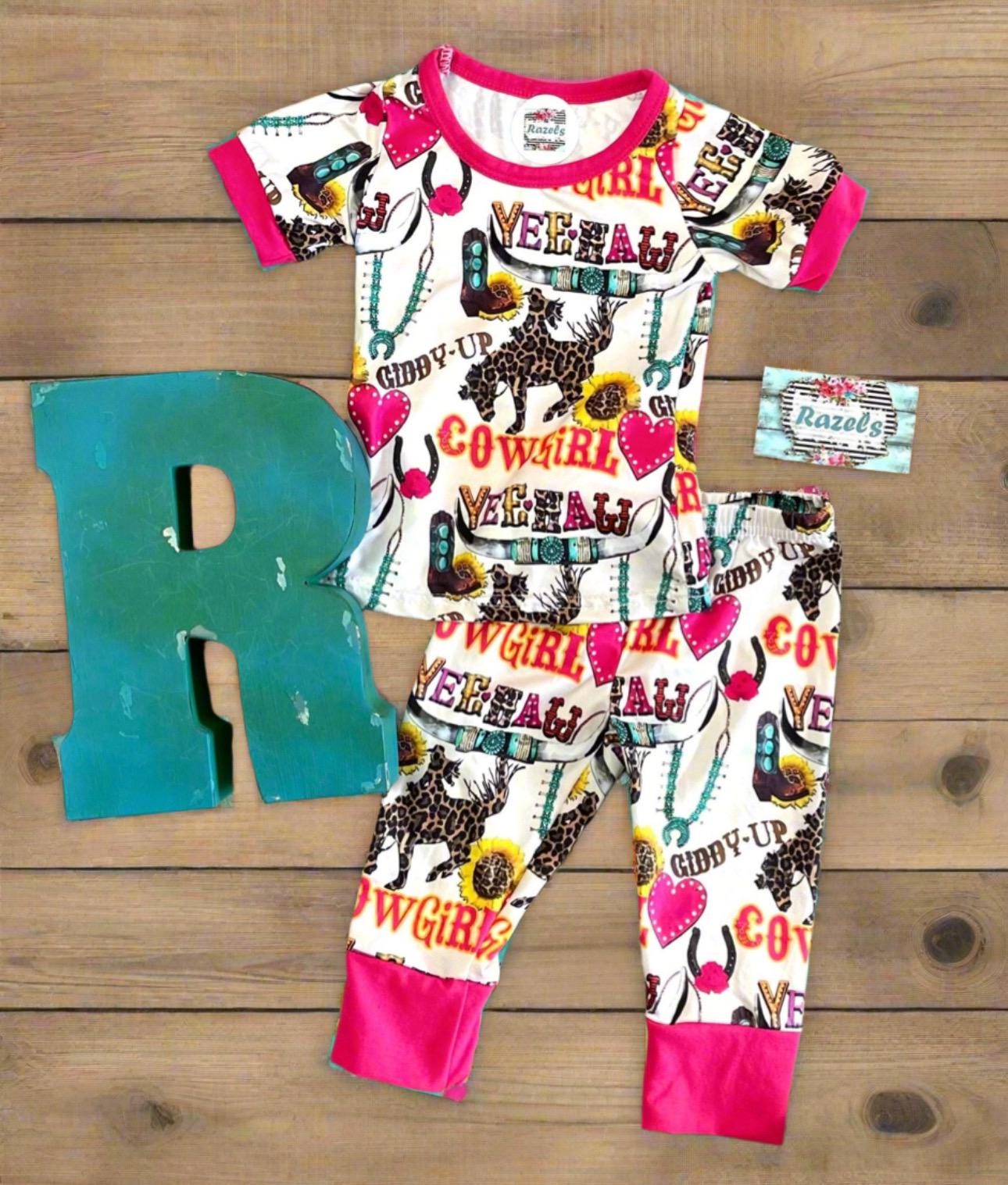 Cowgirl Pajamas / GIDDY UP Yeehaw Pajamas, Pink Hearts and Cowgirls