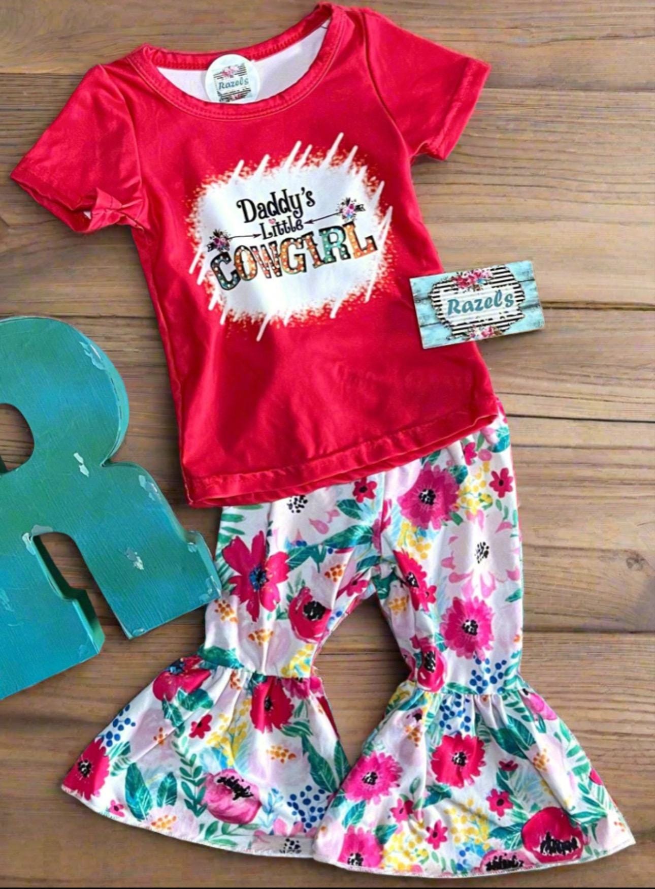 Daddy's Little Cowgirl Bell Bottom Outfit - Girls Western T-Shirt & Floral Bell Bottoms