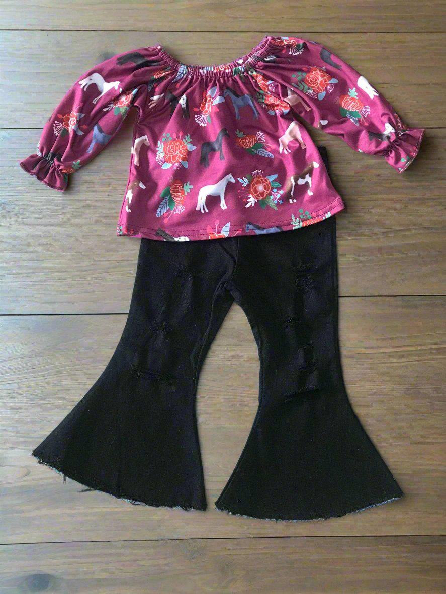 Girls Horse Outfit: Ruffled Blouse & Distressed Black Bell Bottom Jeans