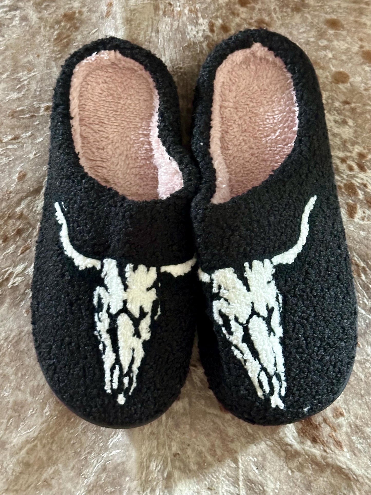 Longhorn Skull Slippers, Western Fall Halloween Shoes