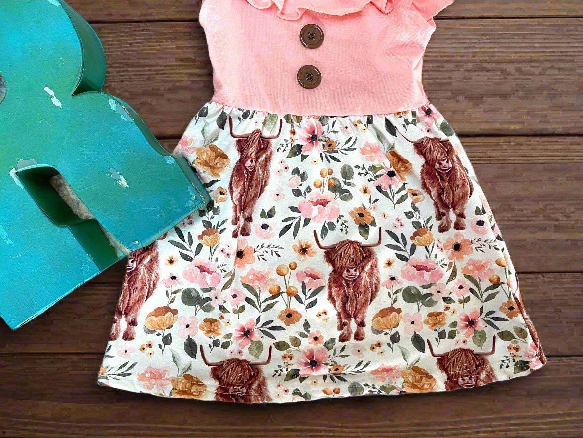 Scottish Highland Cow Dress – Flutter Sleeve Western Boutique Dress for Girls