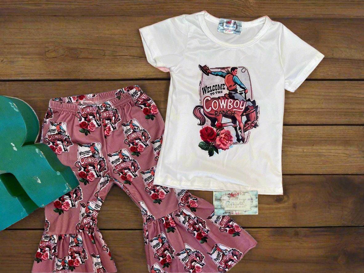 Cowboy Ranch Cowgirl Matching Sister Outfits - Western Bell Bottoms & Onsie