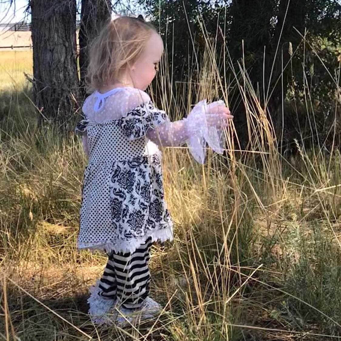 Girls Black and White Lace Outfit: Ruffle Top, Tunic & Striped Pants