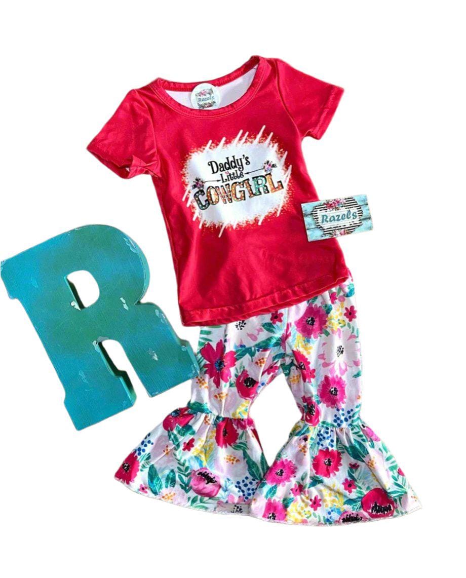 Daddy's Little Cowgirl Bell Bottom Outfit - Girls Western T-Shirt & Floral Bell Bottoms