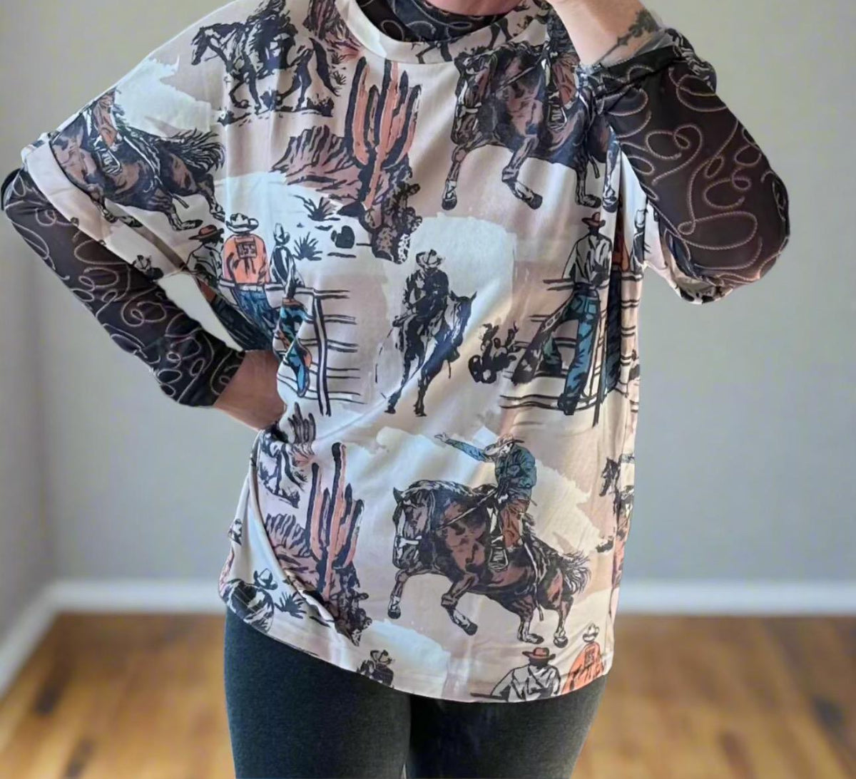 Cowboy Print T-Shirt: Western Bronc Rider Tee for Women