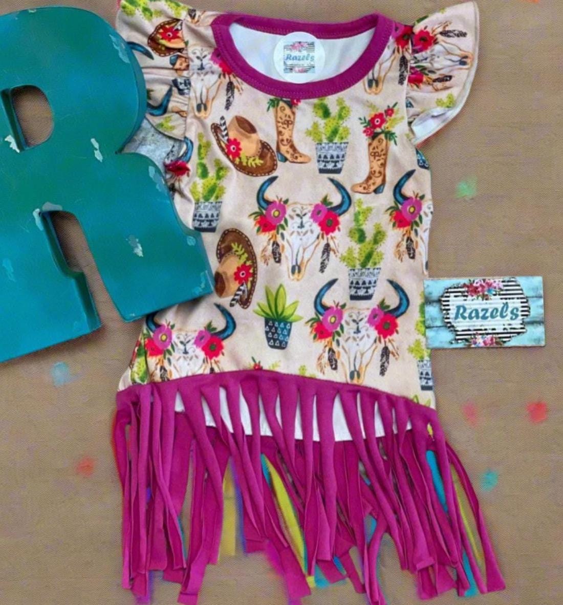 Girls Cowgirl Fringe Dress | Western Tunic Dress with Pink Fringe