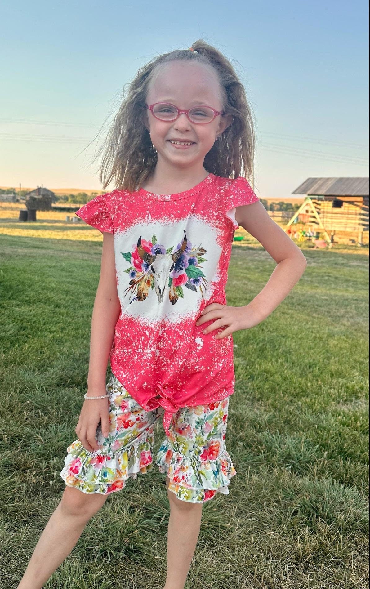 Cowgirl Boho Short Set: Floral Ruffle Shorts & Cow Skull Tee