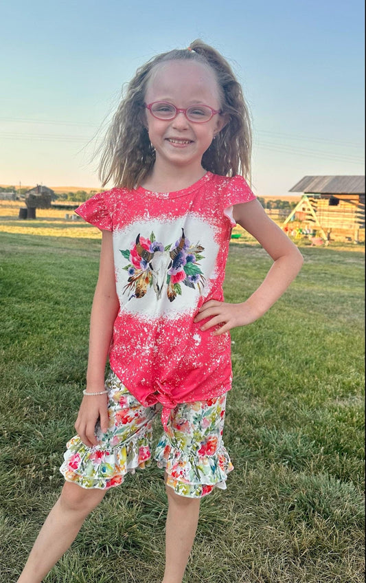 Cowgirl Boho Short Set: Floral Ruffle Shorts & Cow Skull Tee