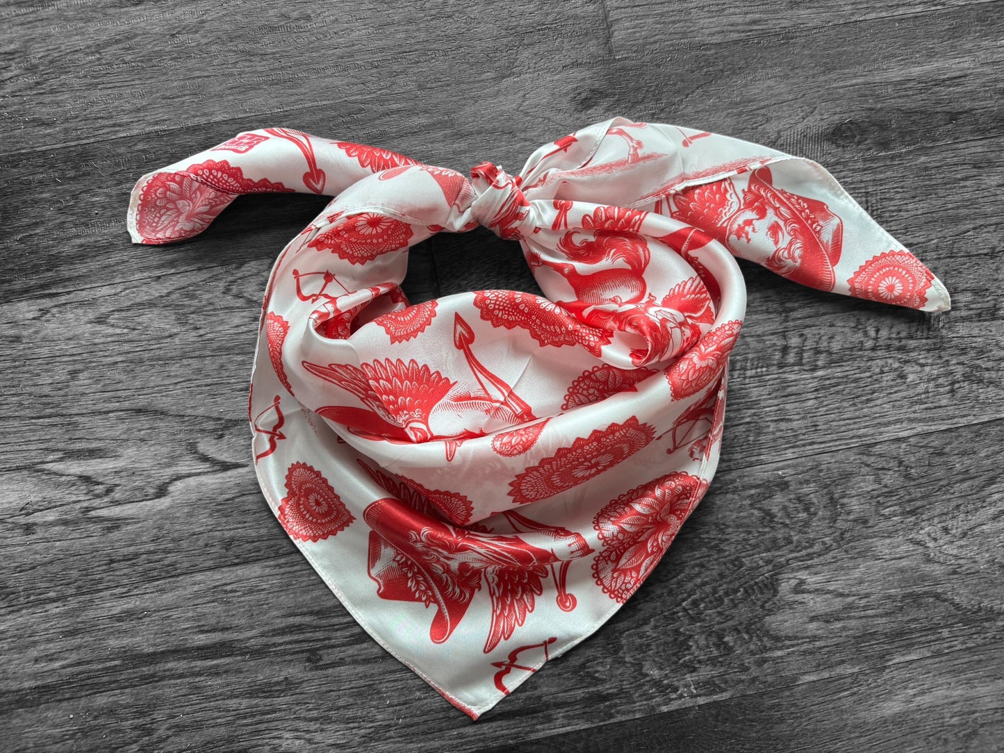100% Silk Wild Rag Cowboy Cherubs and Hearts red and white Valentines