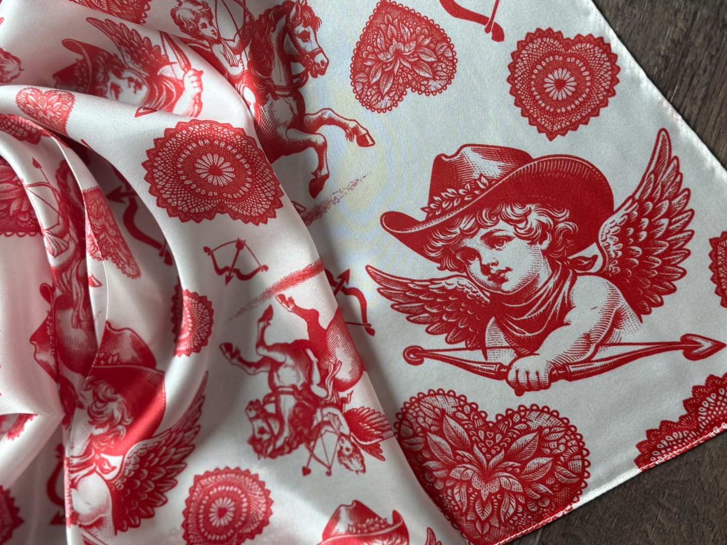 100% Silk Wild Rag Cowboy Cherubs and Hearts red and white Valentines