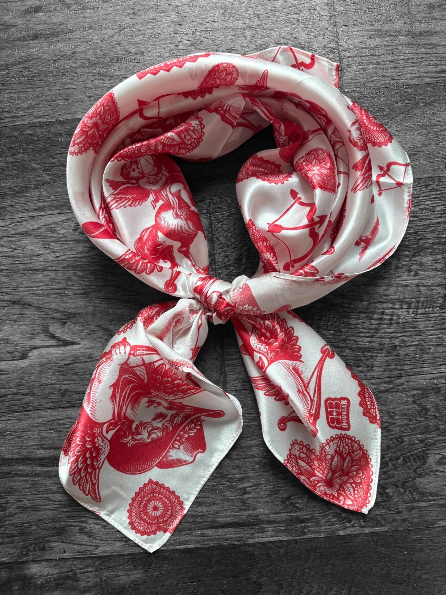 100% Silk Wild Rag Cowboy Cherubs and Hearts red and white Valentines