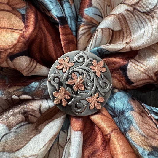 100% Silk Wild Rag Scarf Slide Keeper Brooch by Double B Wild Rags Rose Gold and Antique Silver Floral Design