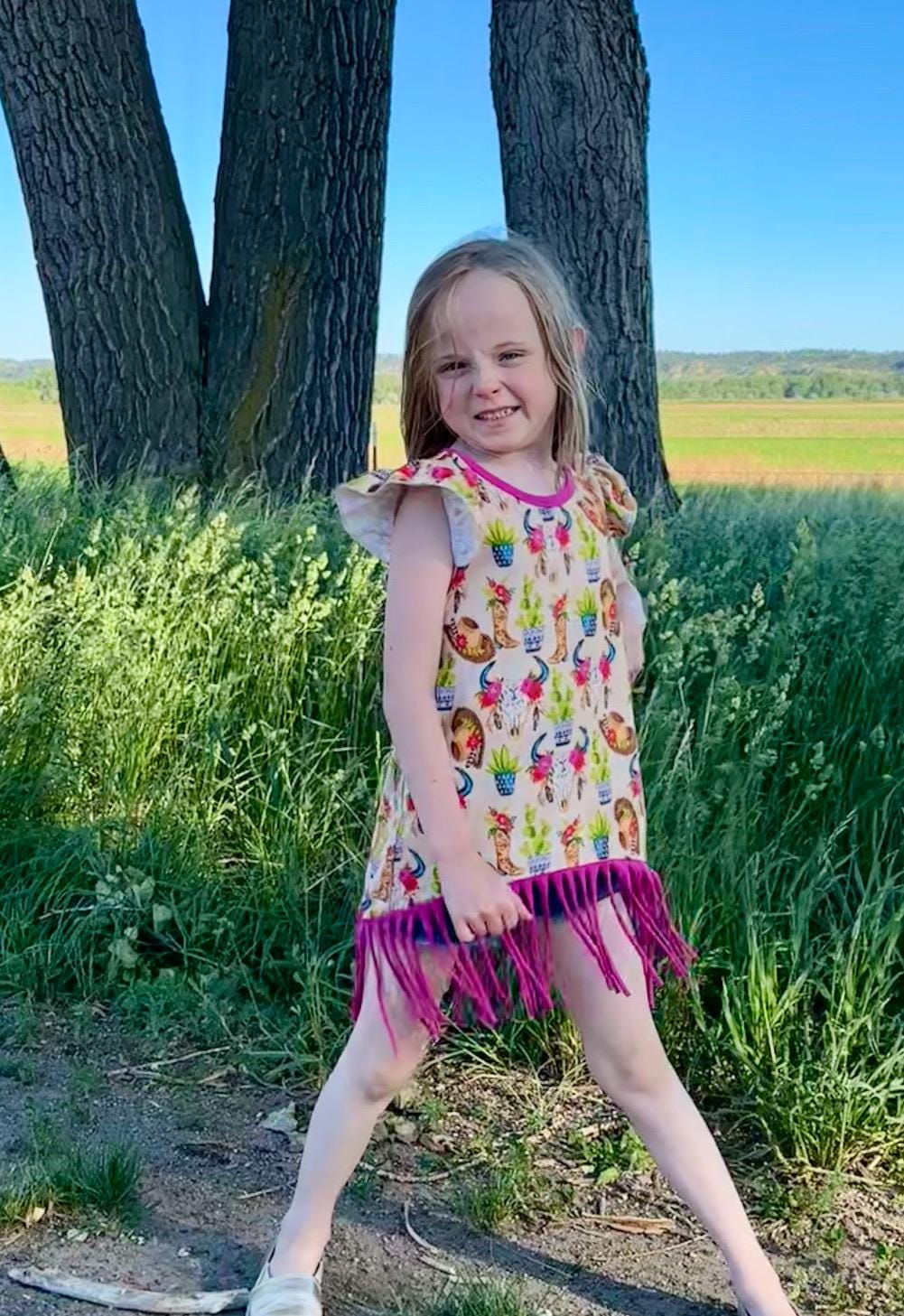 Girls Cowgirl Fringe Dress | Western Tunic Dress with Pink Fringe