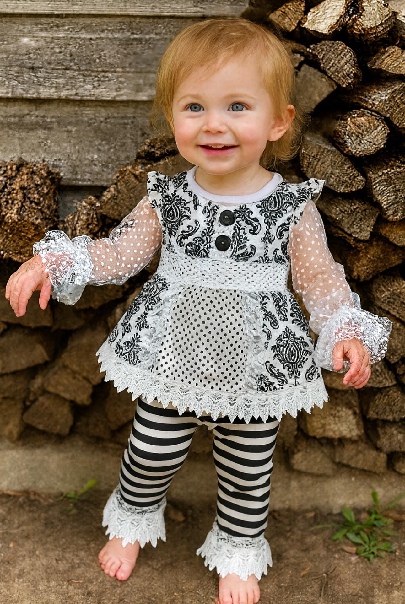 Girls Black and White Lace Outfit: Ruffle Top, Tunic & Striped Pants