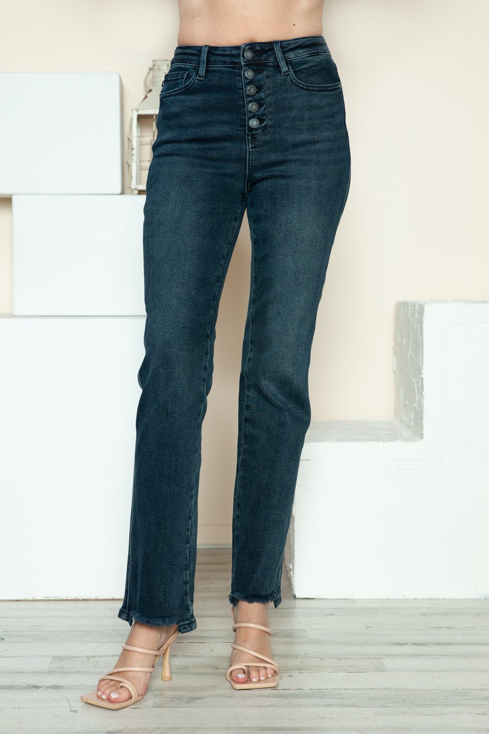 Judy Blue Full Size Button Fly Hem Destroy Straight Jeans - SmorgeousByGina