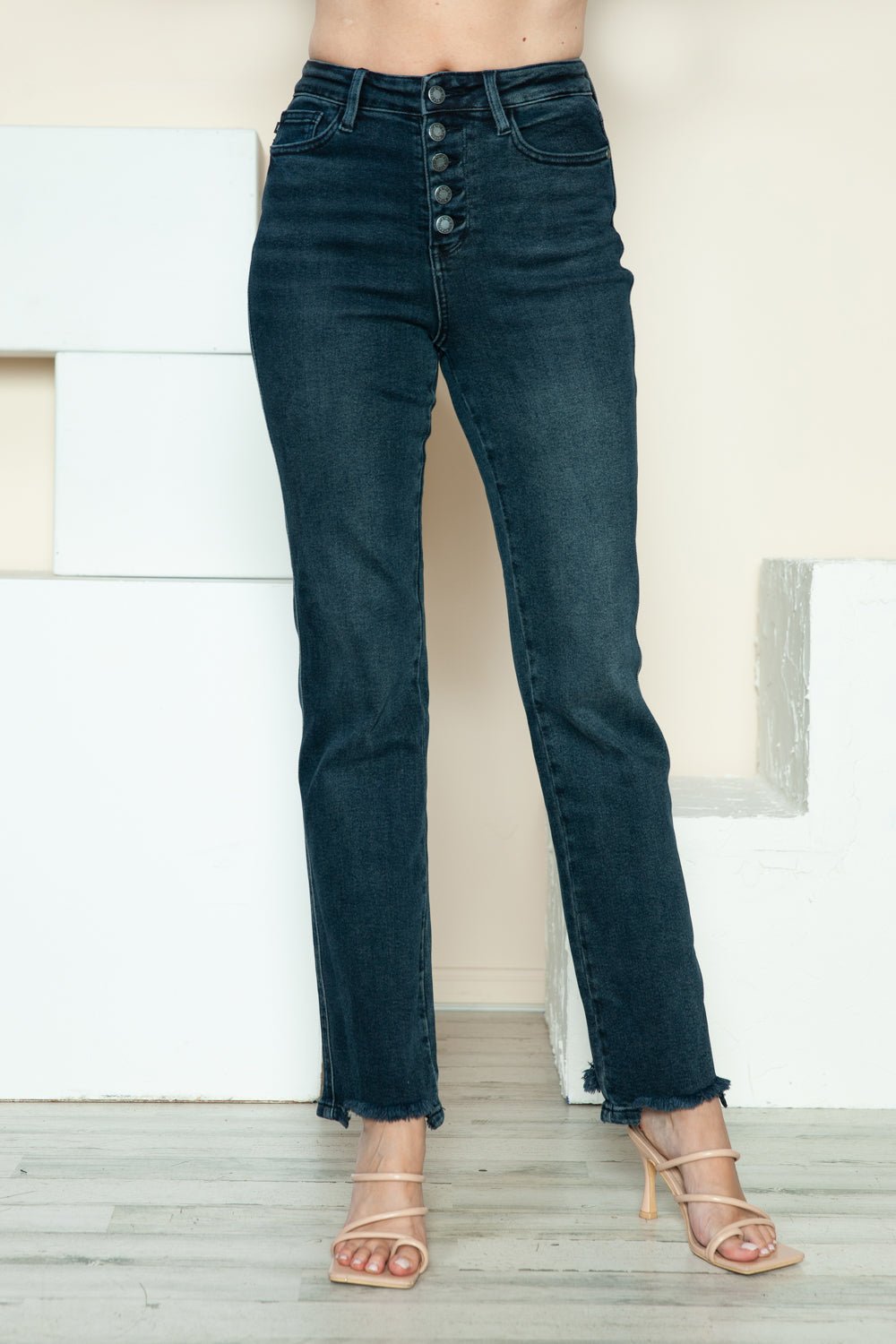 Judy Blue Full Size Button Fly Hem Destroy Straight Jeans - SmorgeousByGina