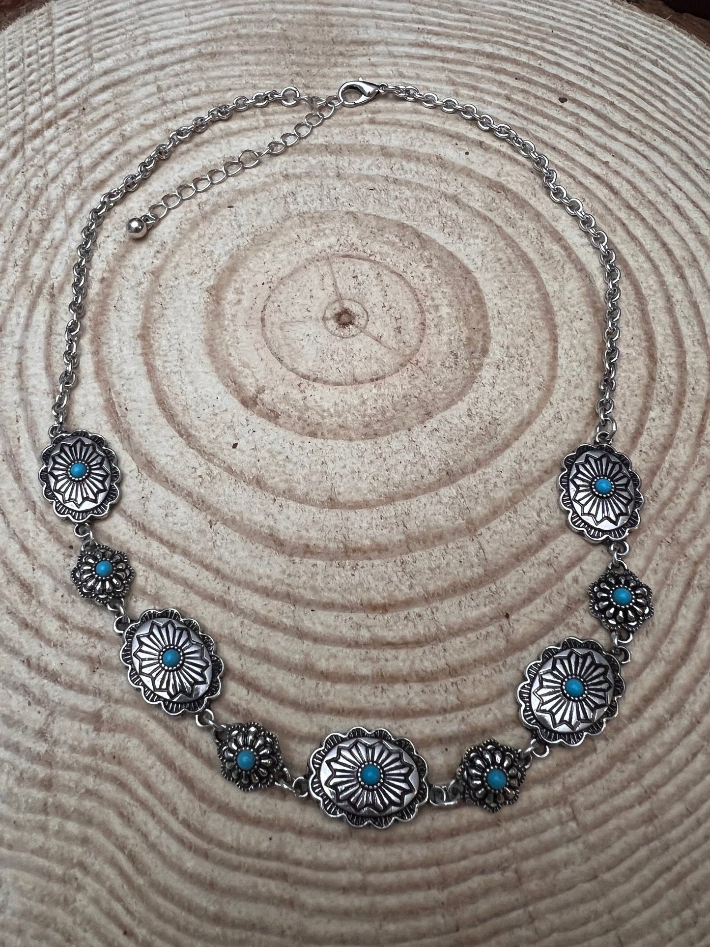 Linked Concho and Faux Turquoise Necklace - 18 inch + 3