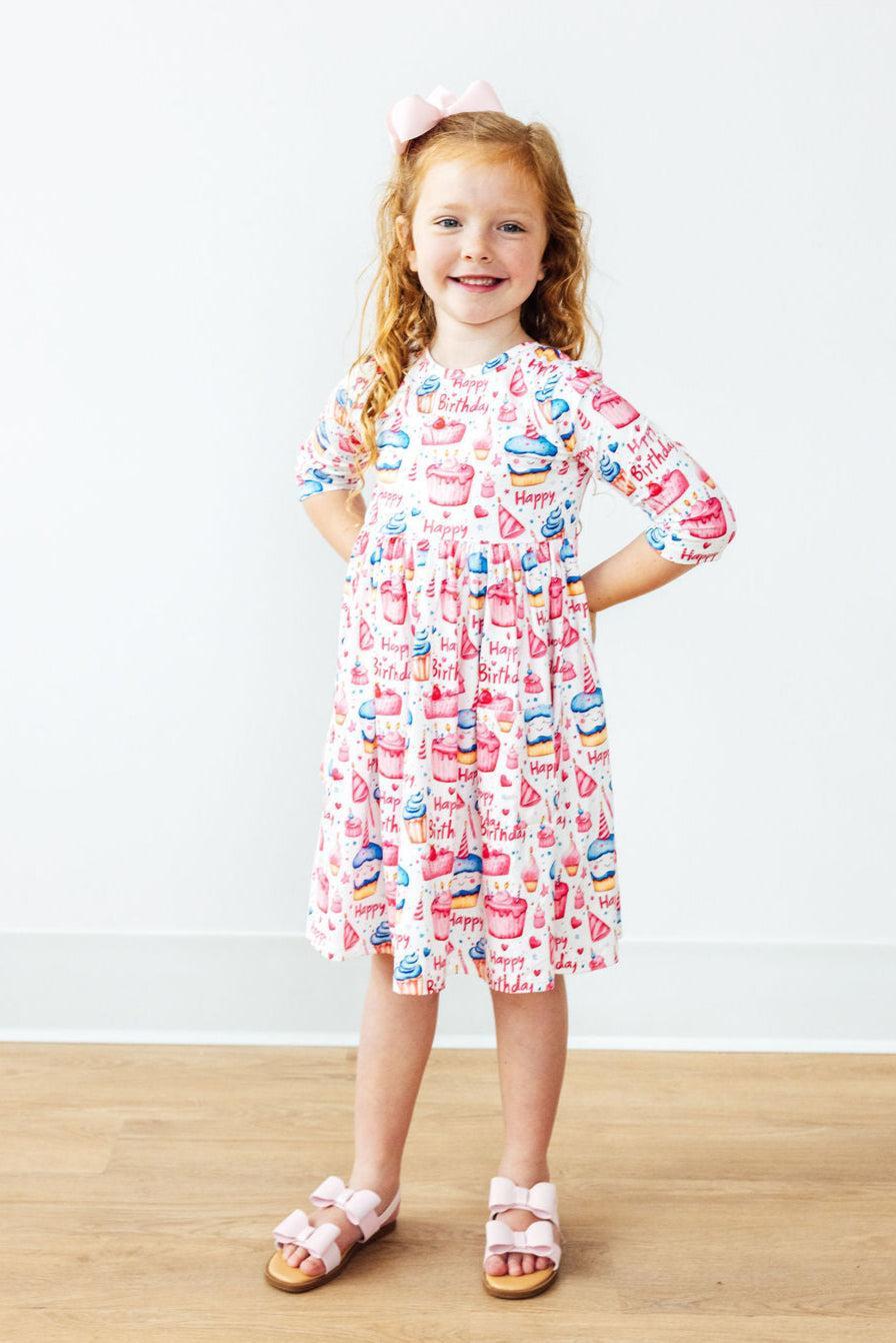 Birthday Girl 3/4 Sleeve Pocket Twirl Dress