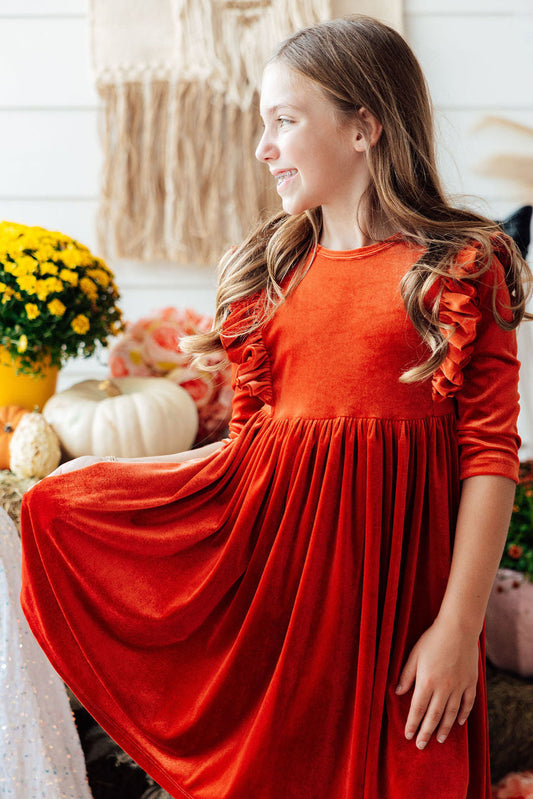 Pumpkin Spice Velvet Ruffle Twirl Dress