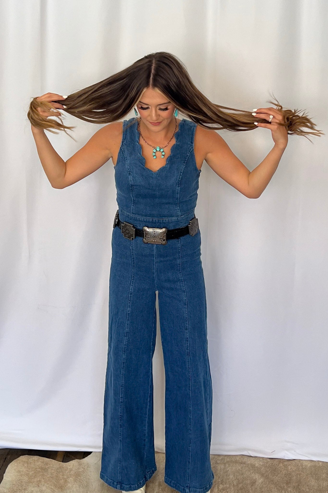Rosie Scalloped Neckline Denim Jumpsuit