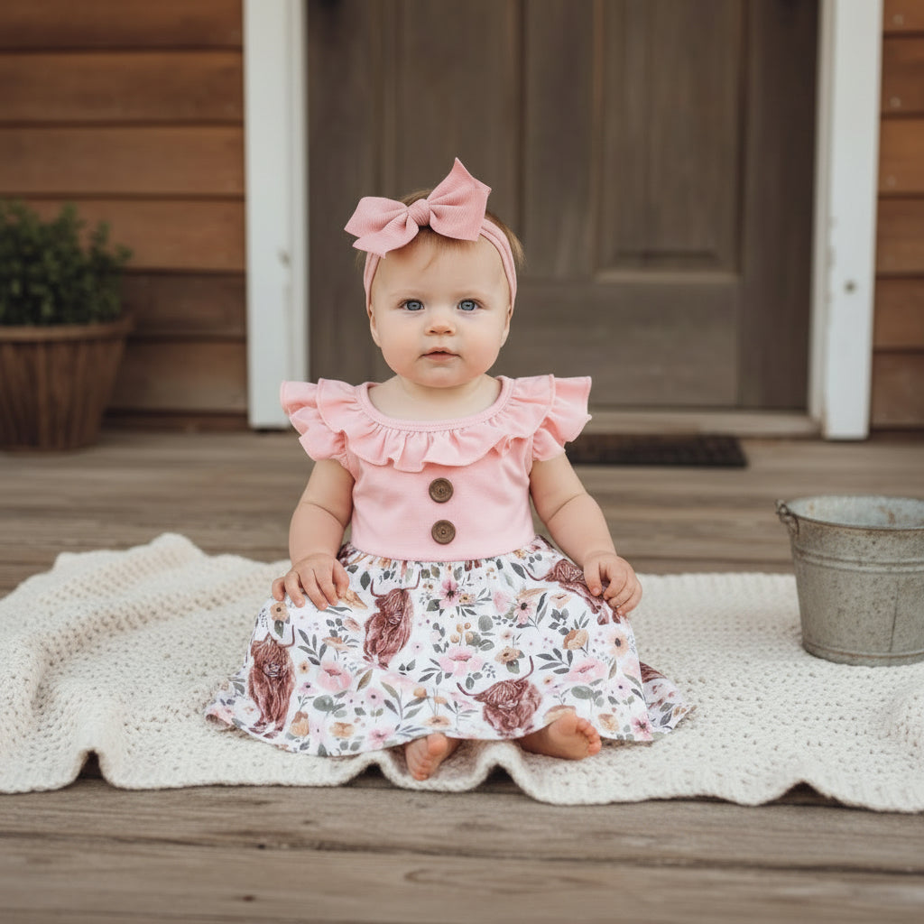 Scottish Highland Cow Dress – Flutter Sleeve Western Boutique Dress for Girls