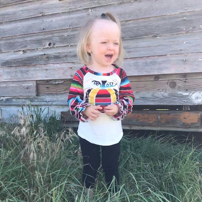 Girls Fall Pumpkin Shirt: Serape Cheetah Print Ruffle Sleeve Top